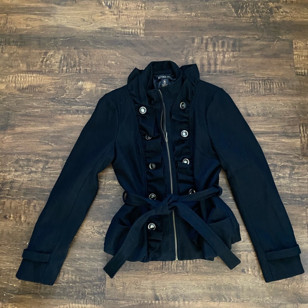 Black belted cropped Peacoat, size large